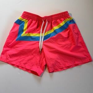 chubbies Neon Pinkish Orange Athletic Shorts with Blue and Yellow Chevron: Swim